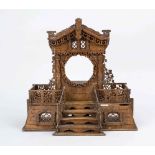 Clock case? Exact age and origin uncertain, wood with filigree fretwork. Consisting of 2 parts (base