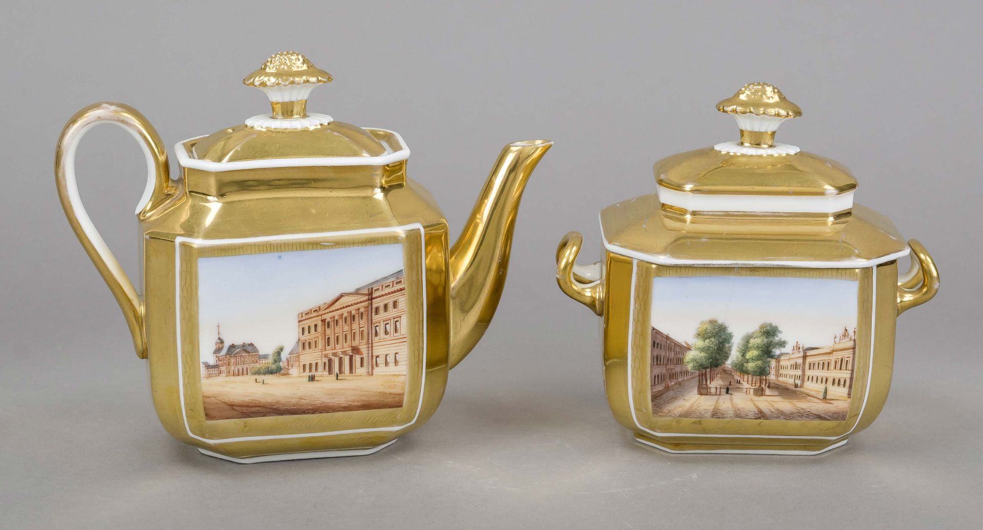 Jug, sugar bowl and view cup with saucer, early 19th century, w. France, polychrome painting in - Image 2 of 2