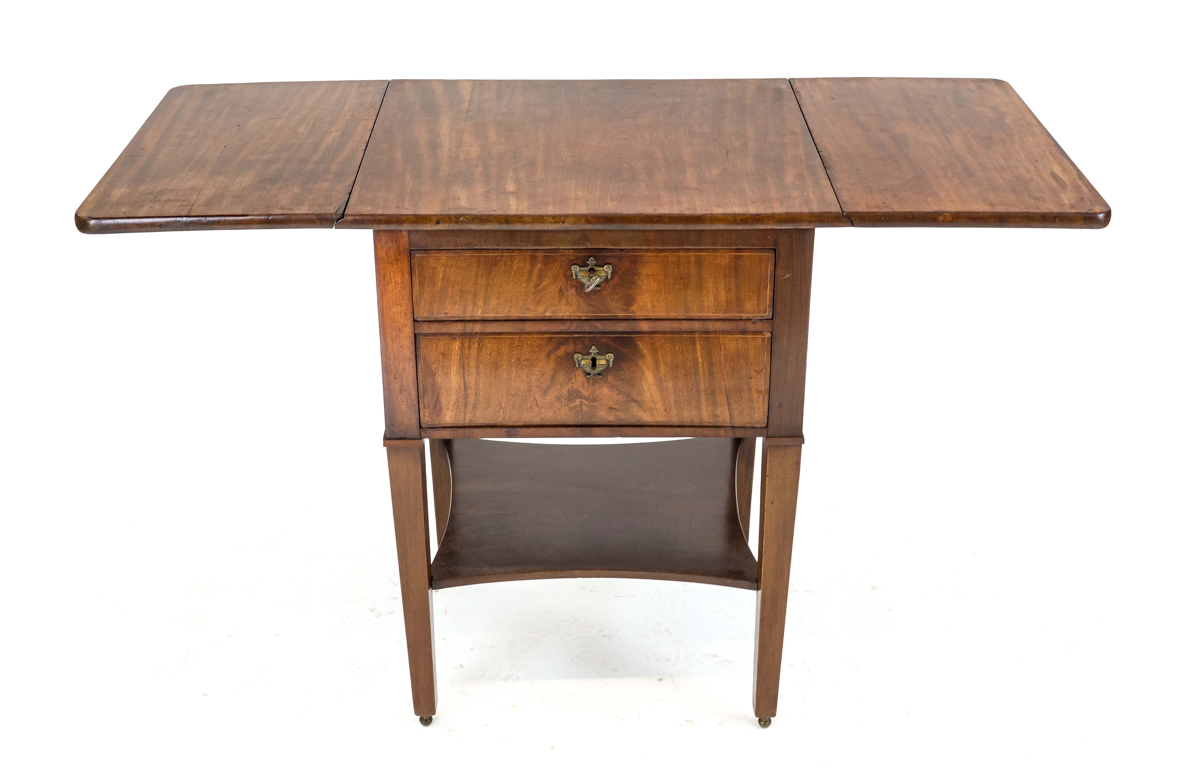 English small table cabinet, 19th century, mahogany, frame with two drawers, hinged top, 77 x 59/117