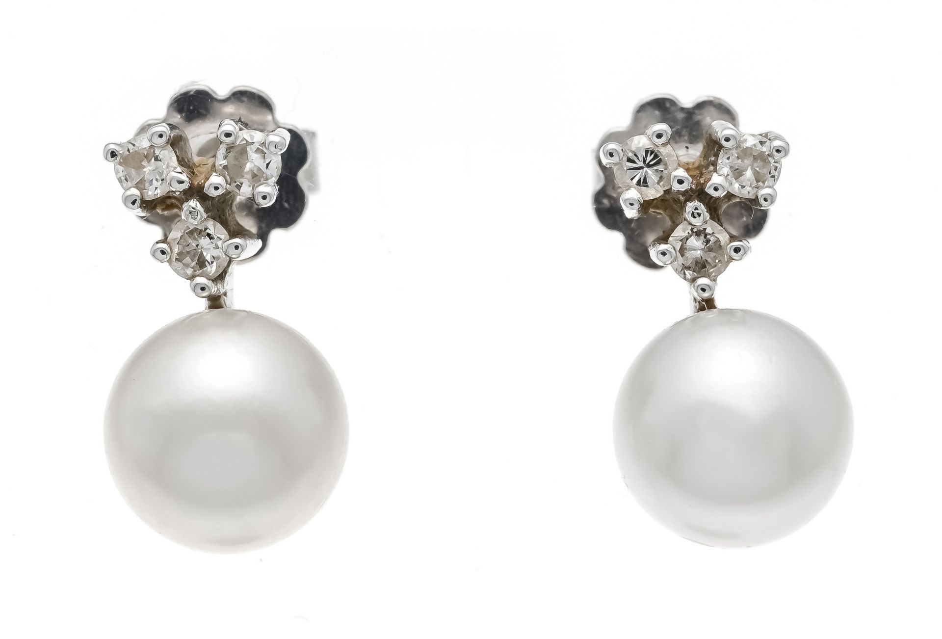 Akoya pearl stud earrings WG 585/000 with 2 creamy white Akoya pearls 8 mm and 6 brilliant-cut