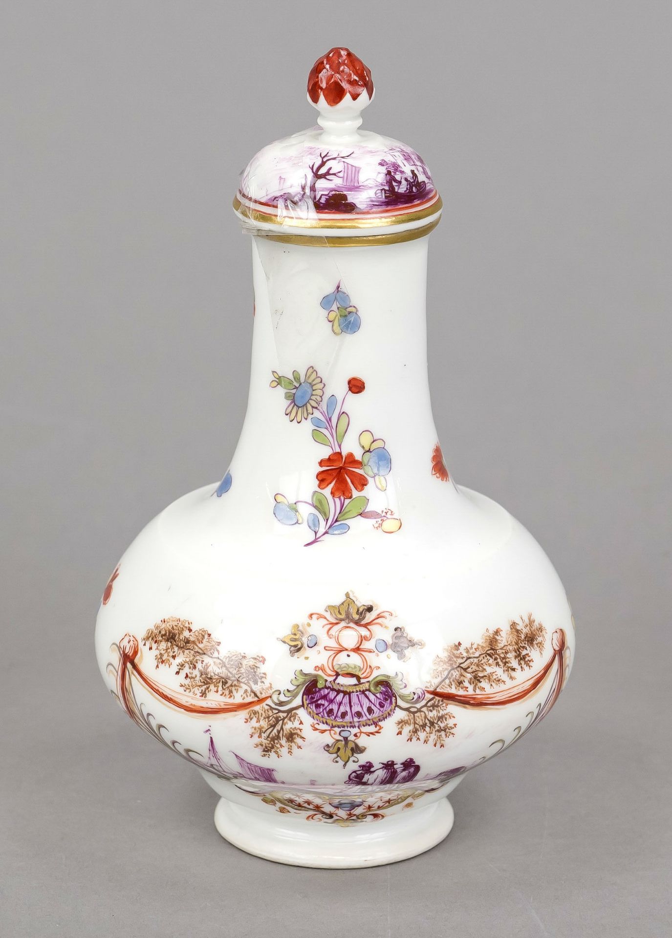 Flacon, Meissen, 18th century, of baluster form on a round base, domed cover with cone finial, the - Image 2 of 4