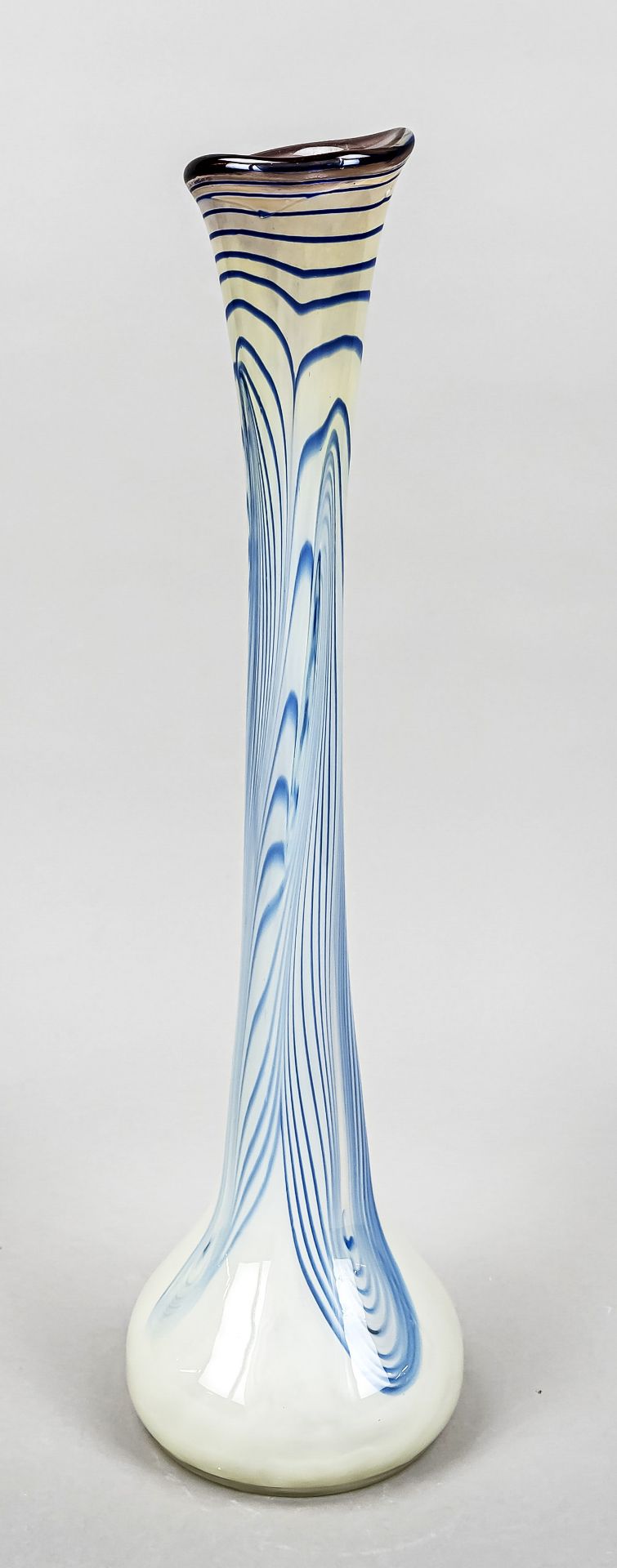 Very tall vase, Eisch, 1978, round bulbous stand, long slender neck, curved rim, clear and violet