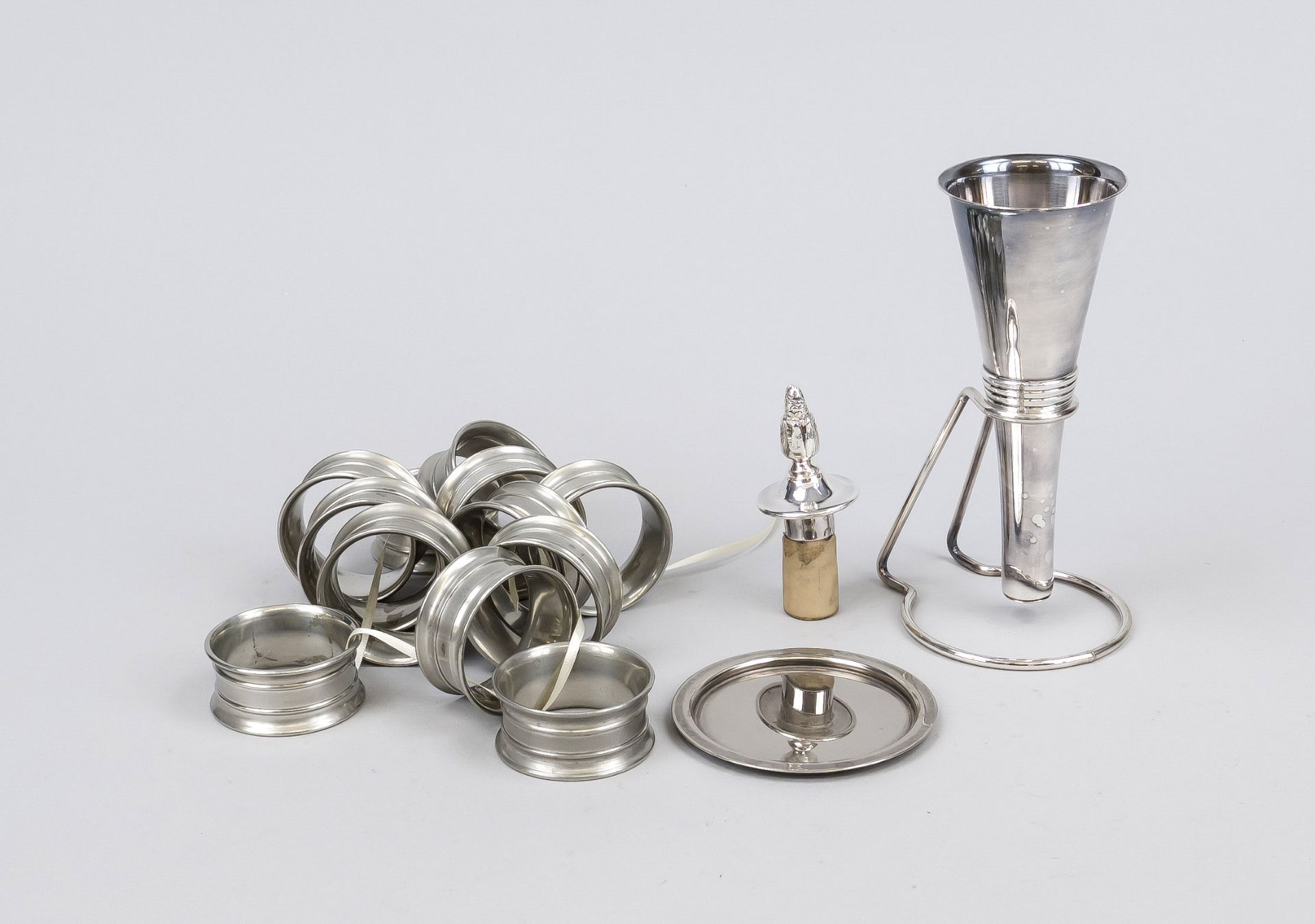 Set for the table, 12 napkin rings (with small monogram engraving PE), 1 wine filter in stand with