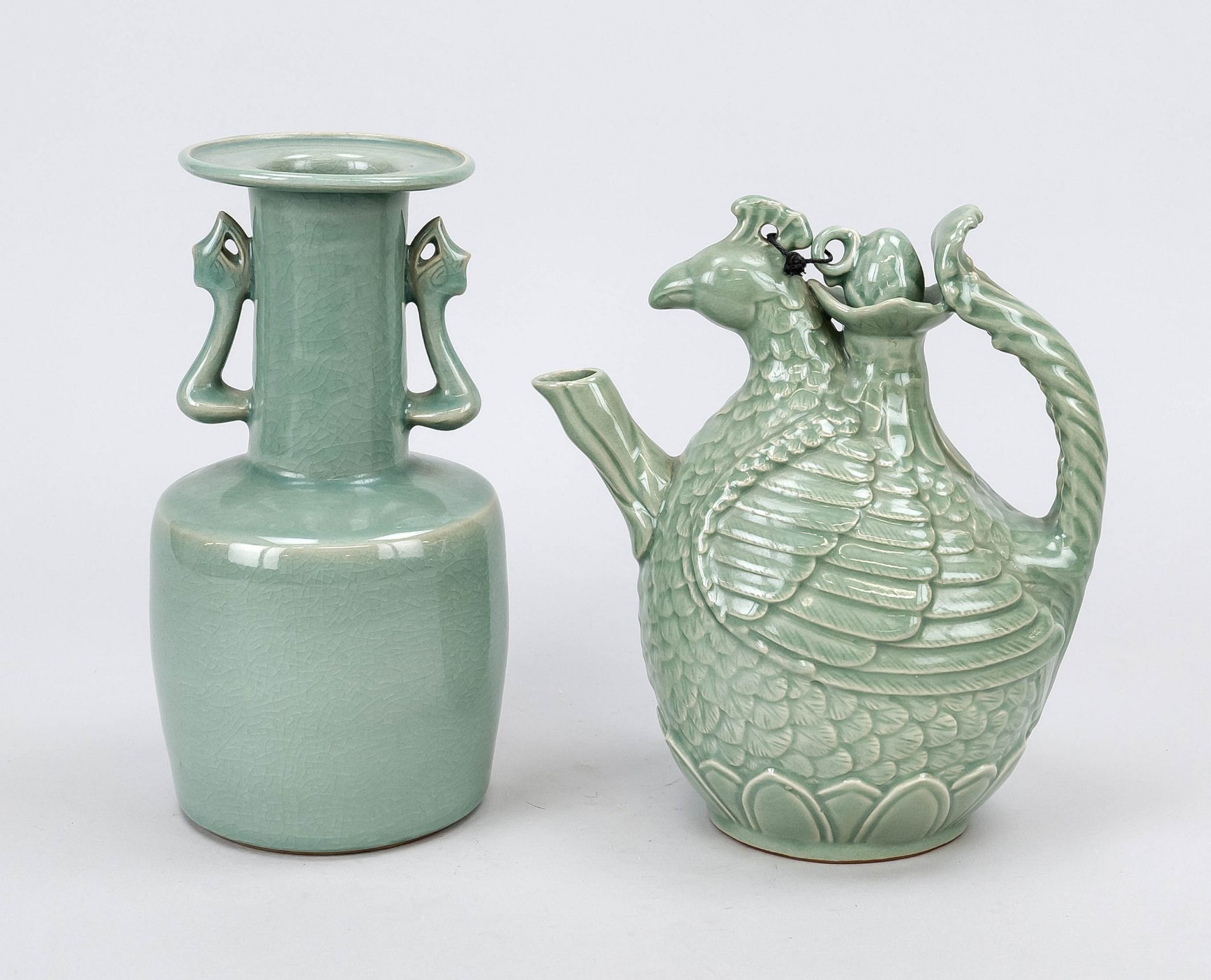 Teapot and mallet vase, Korea, 19th/20th century Both with a monochrome, celadon-colored glaze