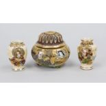 Small Satsuma set, Japan c. 1920 (Taisho). Pair of vases and koro with open-worked lid. One of the