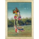 2 reverse glass paintings, China 1st half 20th century. 1 x woman with peach, 1 x woman with