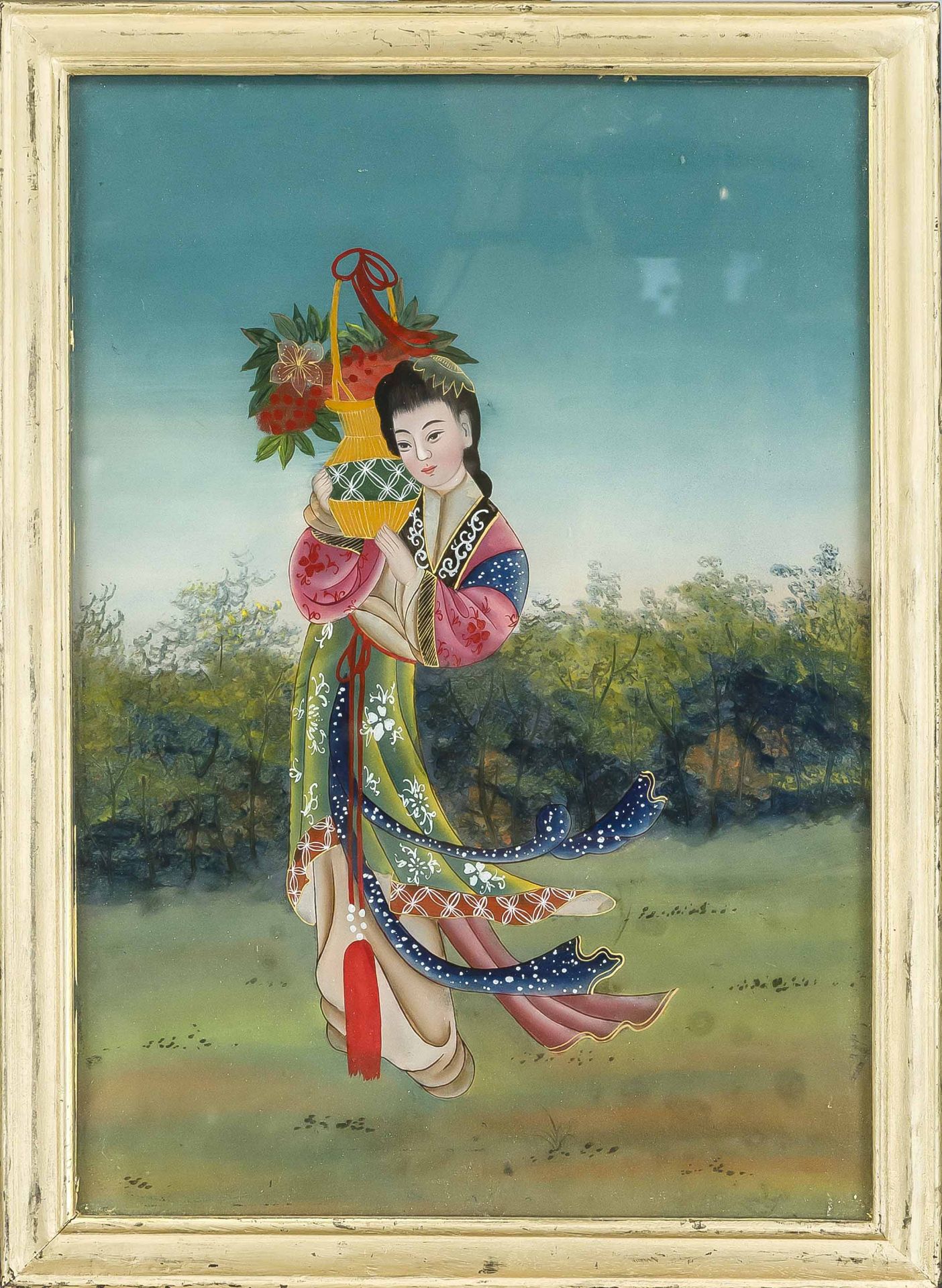 2 reverse glass paintings, China 1st half 20th century. 1 x woman with peach, 1 x woman with