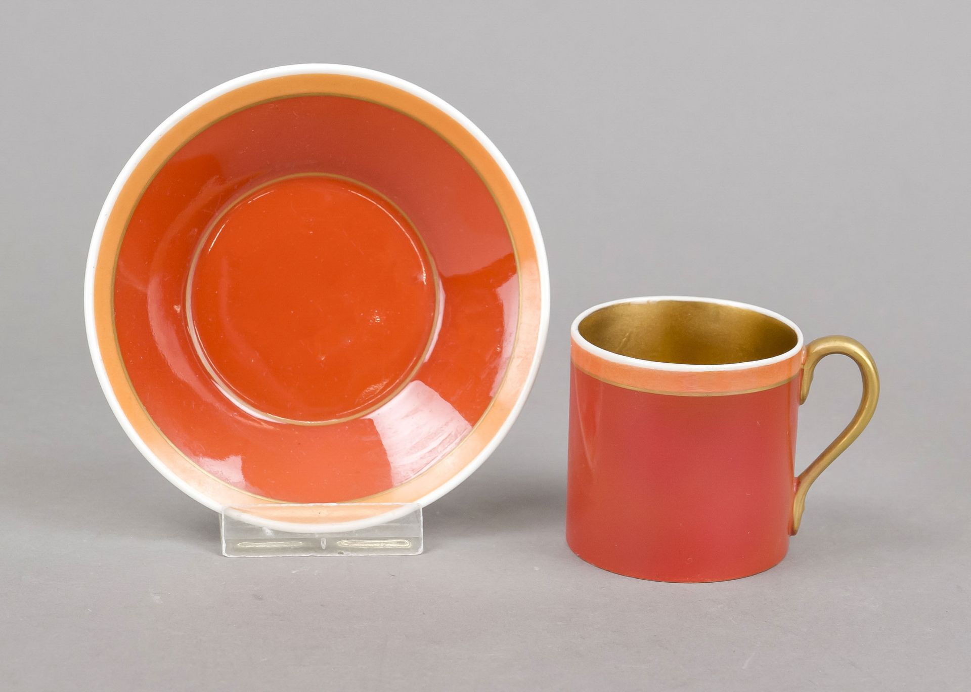 Mocha cup and saucer, KPM Berlin, pre-1945 mark, 1st choice, red imperial orb mark, cylindrical form