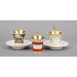 Three cups with two saucers, KPM Berlin, 1800-1830s, 1 cup, calathos form with inscription 'Sei