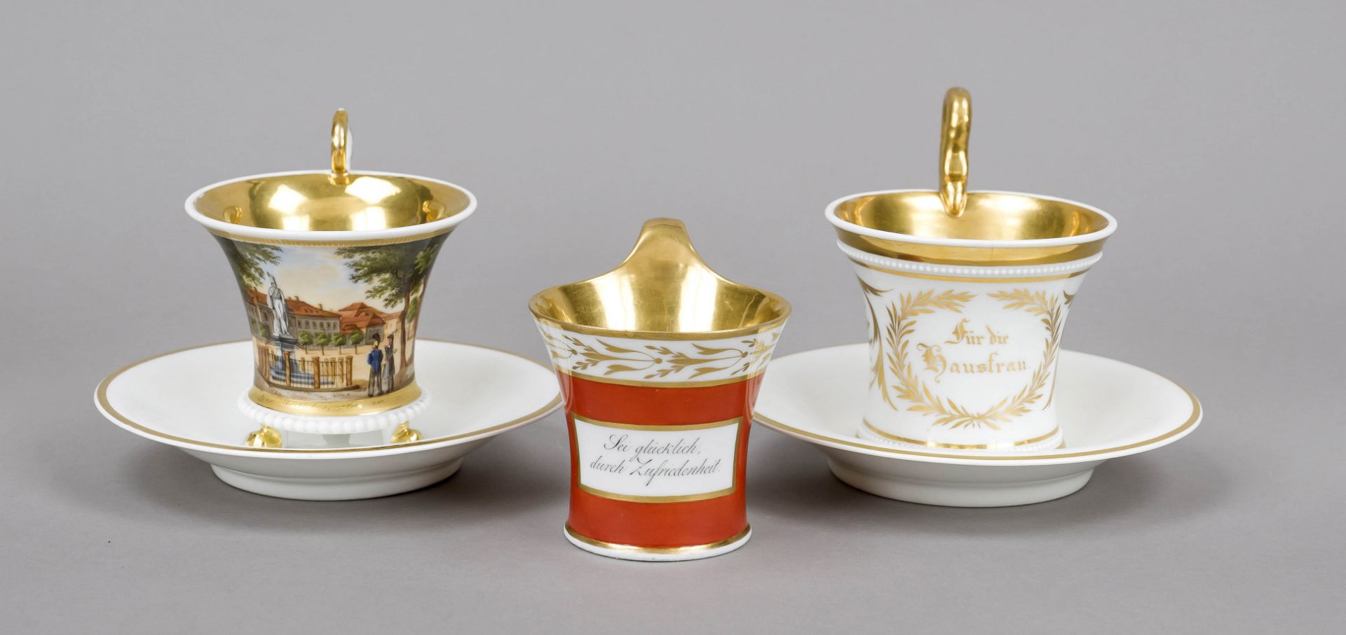 Three cups with two saucers, KPM Berlin, 1800-1830s, 1 cup, calathos form with inscription 'Sei