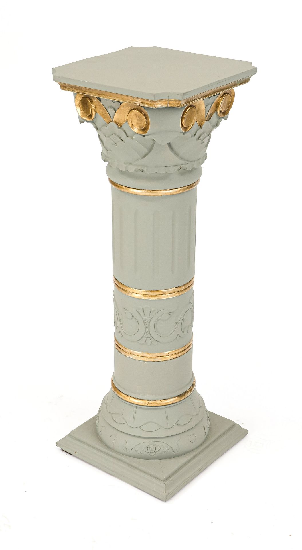 Flower column/palm pedestal, 21st century, plywood, painted and painted gold, h. 91 cm, top 33 x