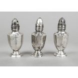 Three shakers, 20th century, hallmarked or tested silver, octagonal stand, angular body, slightly