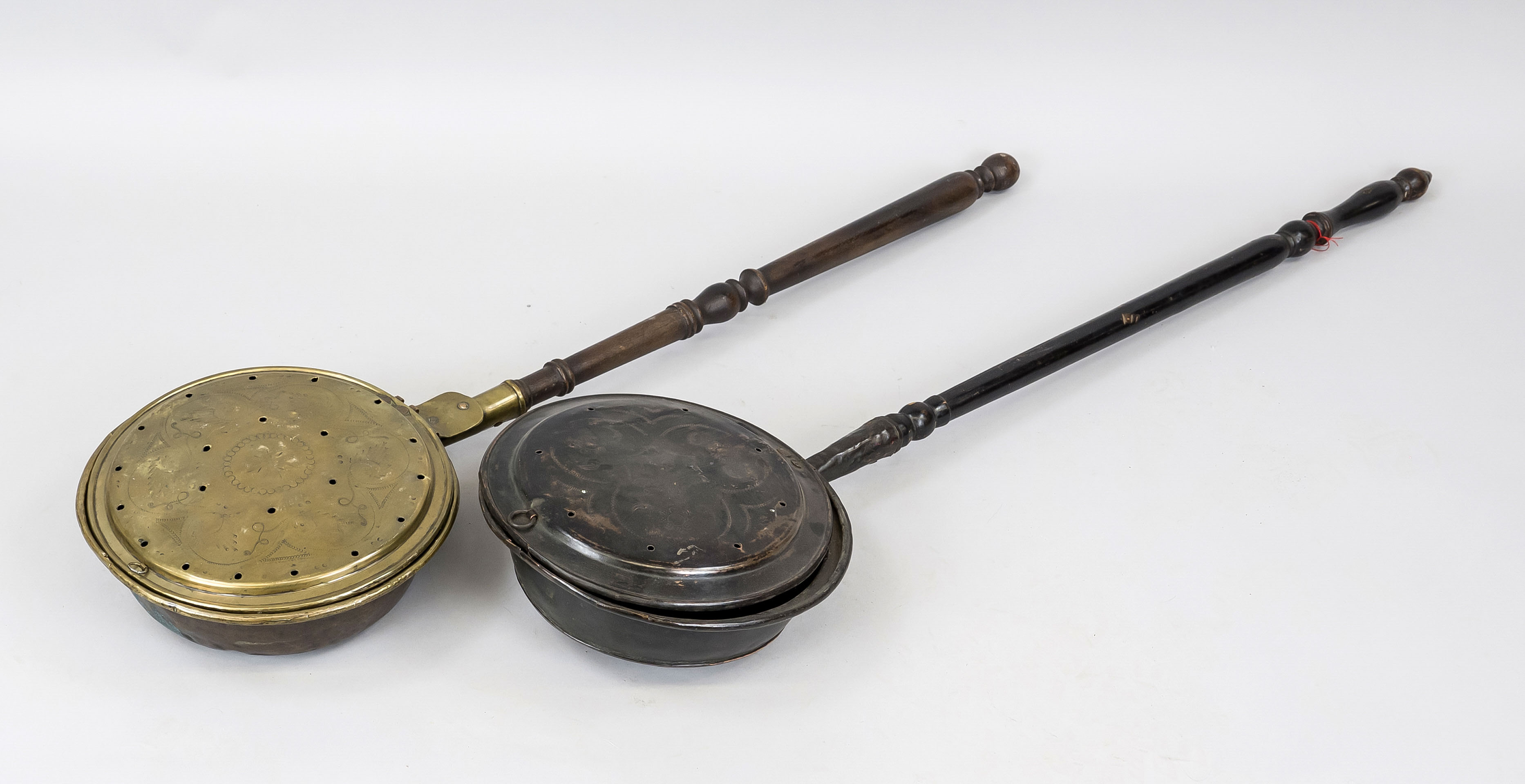2 bedpans, 19th century, turned wooden shafts, pans with hinged lids with engraved brass and