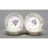 Eight pierced plates, Meissen, Knauff Schweter 1850-1924, 1st choice, polychrome flower painting