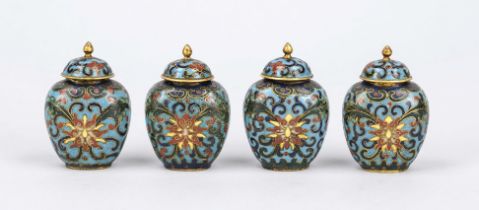 Set of 4 cloisonné snuffbottles, China, 19th century (Qing). In the shape of shouldered lidded vases