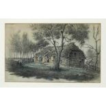 Unidentified artist 1st half 19th century, two people resting in front of a dilapidated barn,