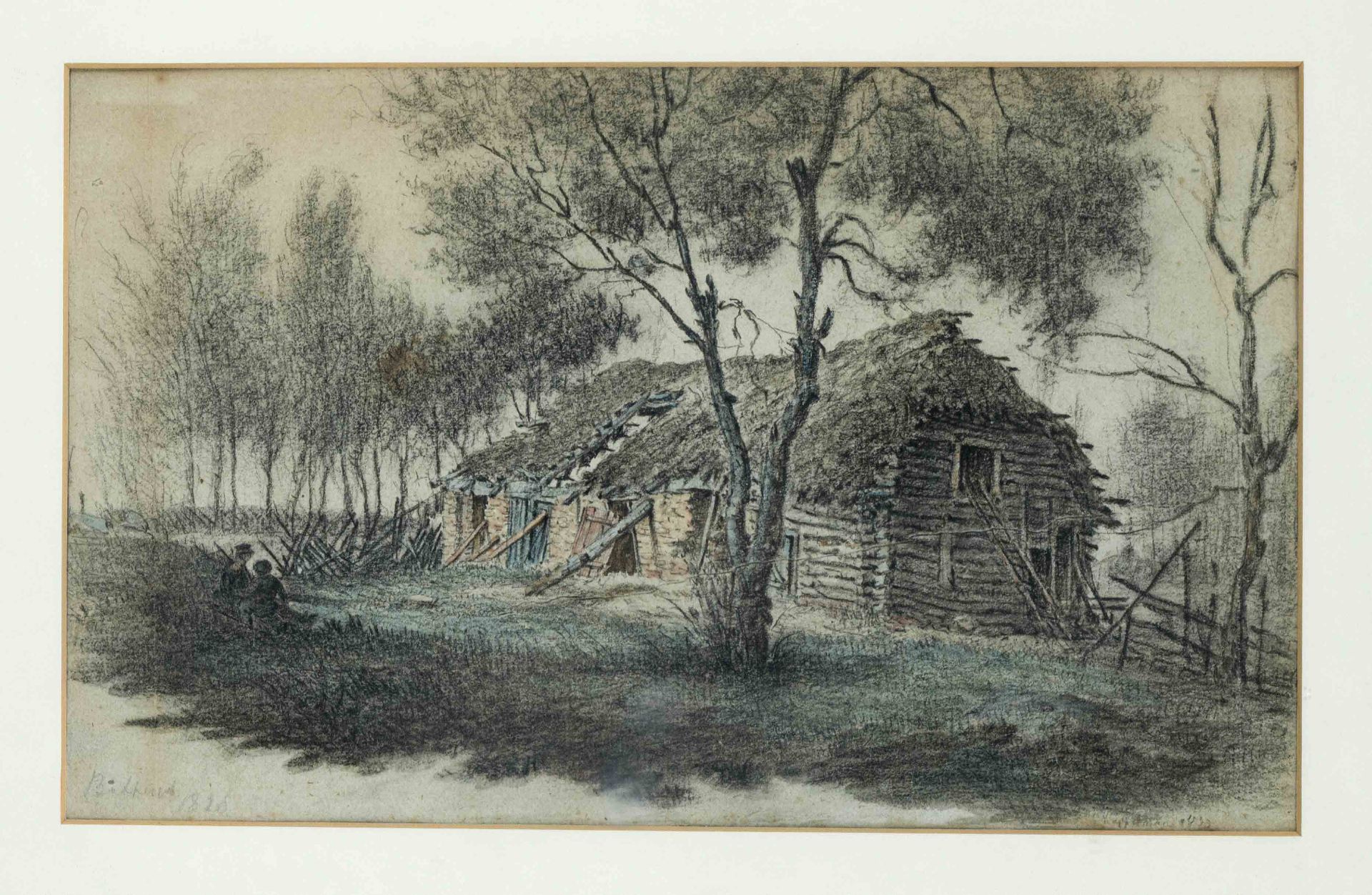 Unidentified artist 1st half 19th century, two people resting in front of a dilapidated barn,