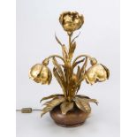 Large table lamp, mid-20th century, gold-bronzed sheet iron, turned wood body. Three blossoms as