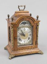 Table clock, 20th century, marked John Thomas, oak veneered, florally engraved brass dial with