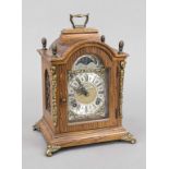 Table clock, 20th century, marked John Thomas, oak veneered, florally engraved brass dial with