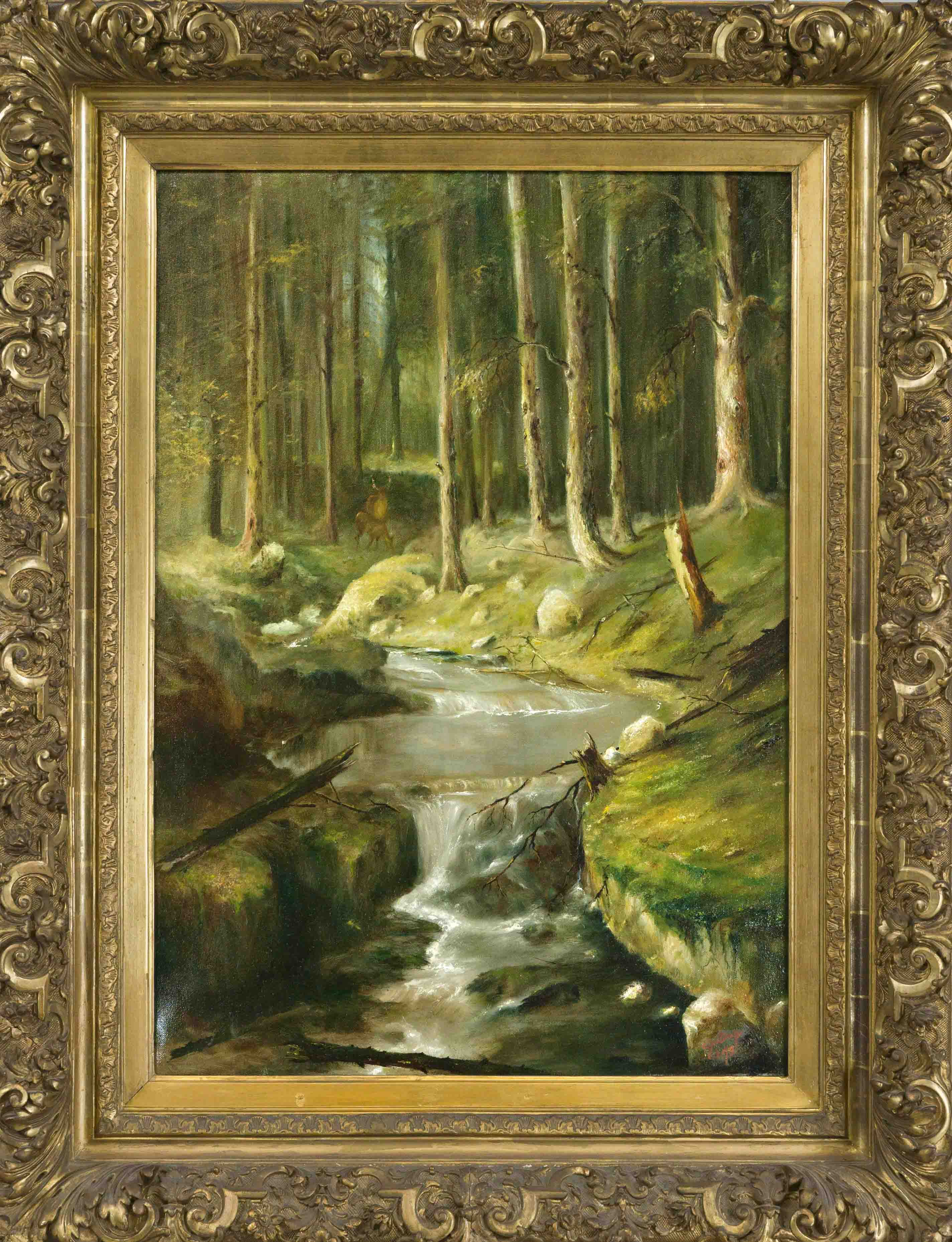 Unidentified painter late 20th century, Forest with deer in 19th century style, oil on canvas,