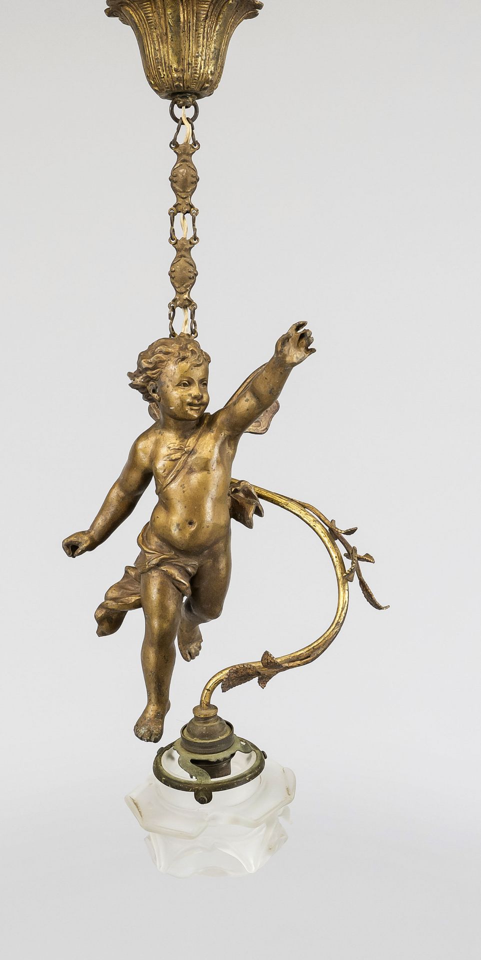 Ceiling lamp, late 19th century, floating putto surrounded by shrubs and leaves, one etched glass