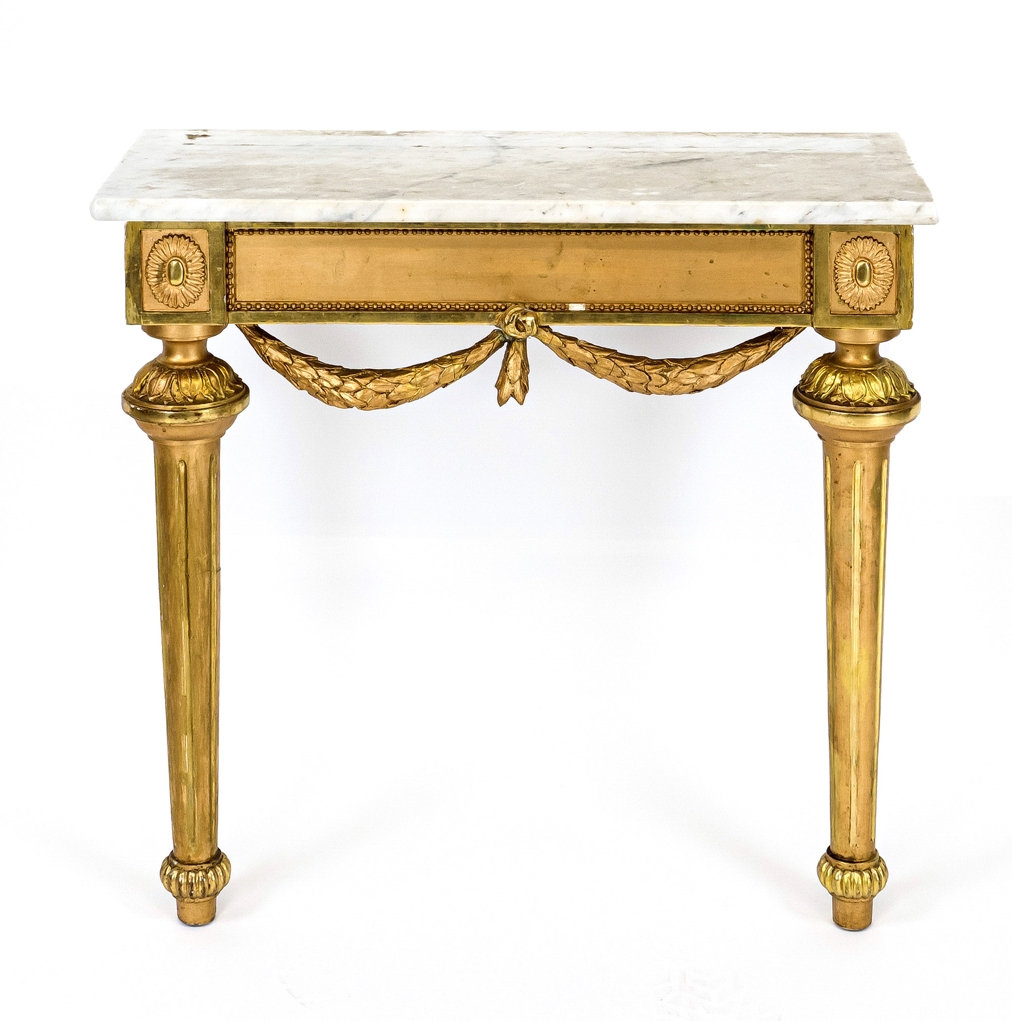 Console table in neoclassical style around 1900, stuccoed and gilded wood, white marble top, 70 x 71