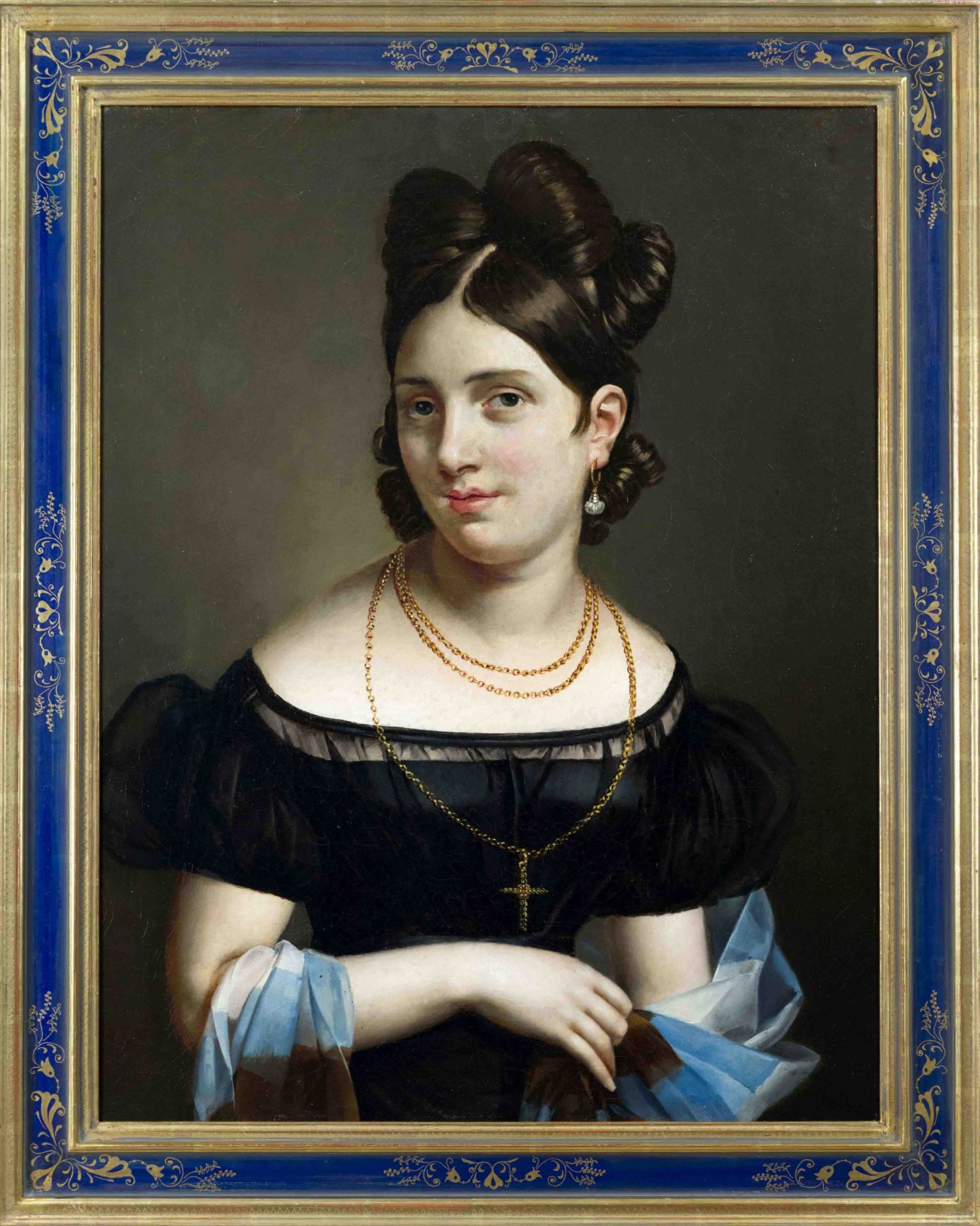 Anonymous Biedermeier portrait painter c. 1820, Portrait of a woman with gold jewelry and pinned-