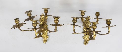 Pair of 5-light sconces, probably German c. 1760, bronze with residual gilding. Matching, ornamented