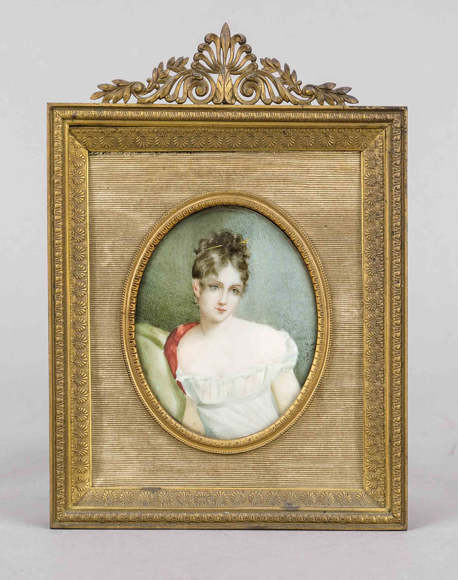 Miniature, 19th century, polychrome tempera painting on bone plate, unopened, oval portrait of