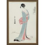 Woodblock print, Japan 20th century, probably a reprint. Eishi (1756-1829), Beauty with a musical