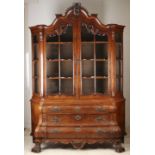 Display cabinet, 19th century, oak, burr walnut veneer, on carved paw feet, 240 x 180 x 52 cm -