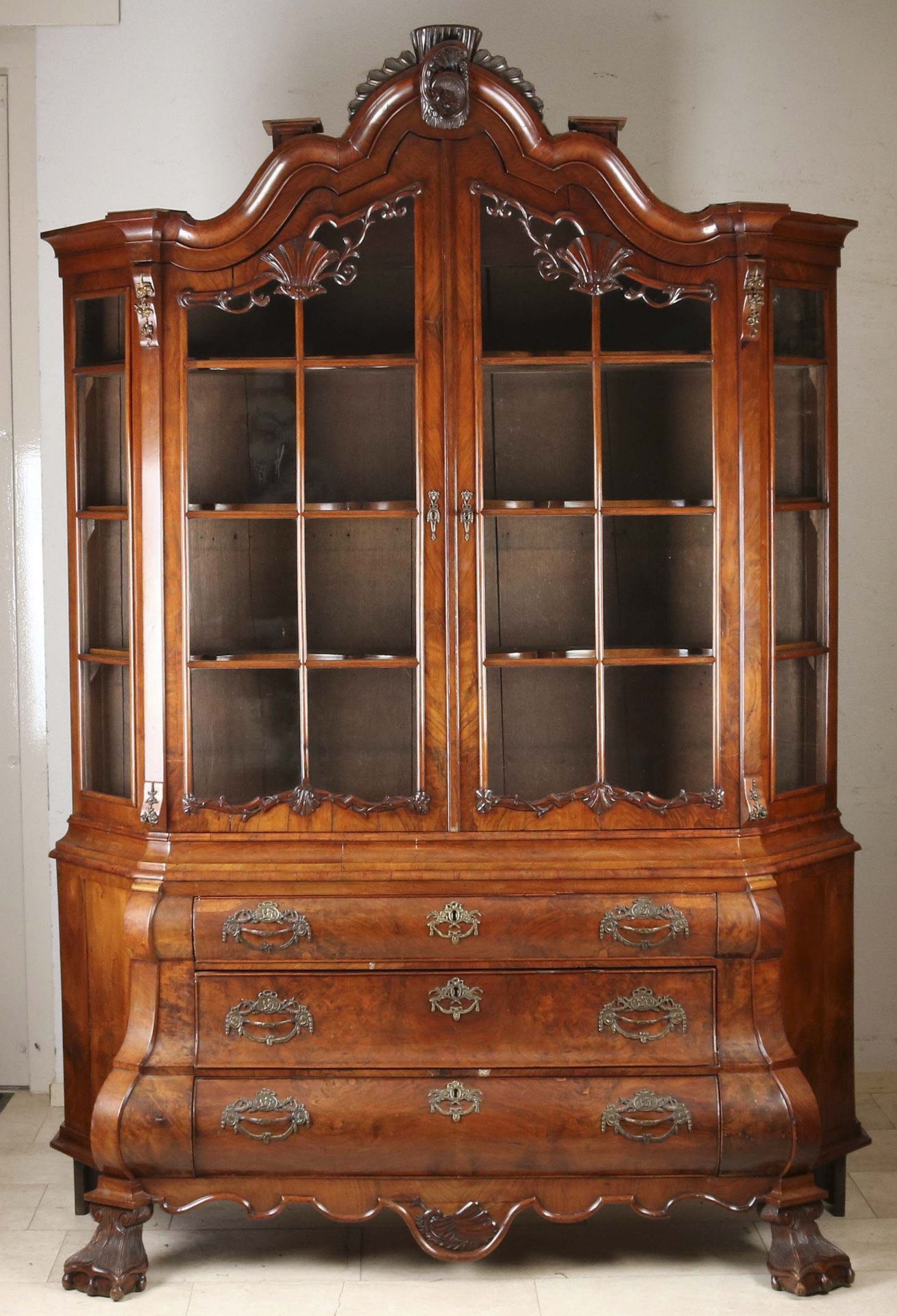 Display cabinet, 19th century, oak, burr walnut veneer, on carved paw feet, 240 x 180 x 52 cm -