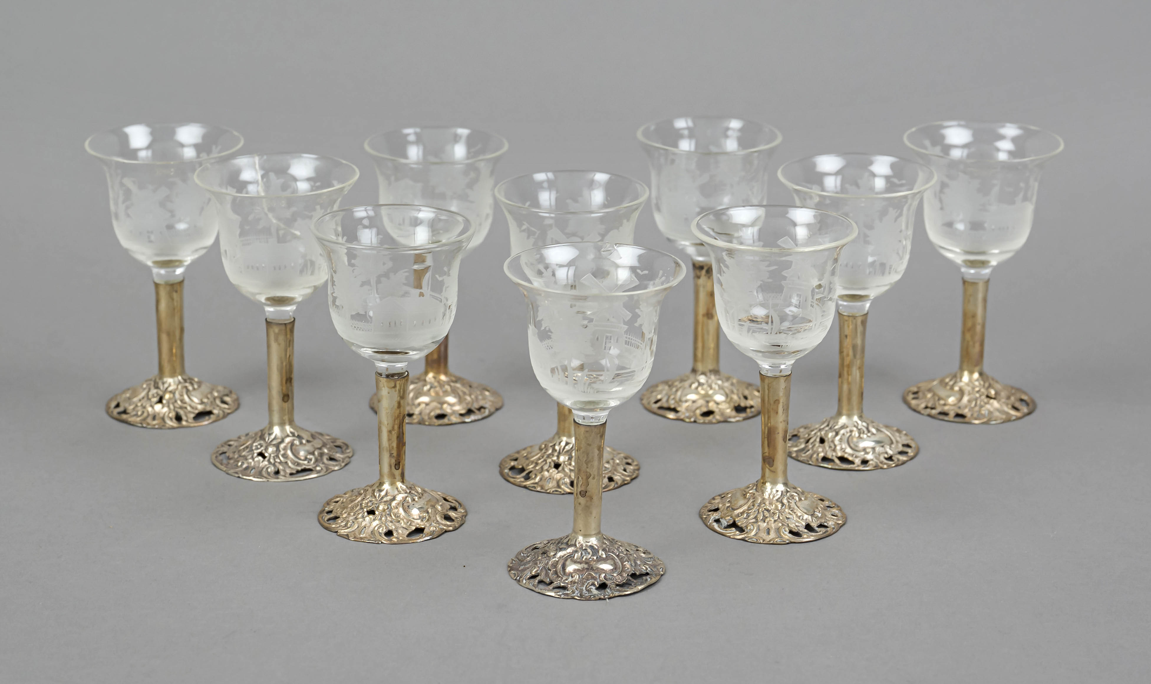 Ten liqueur glasses with silver stand mounting, German, 20th century, hallmarked silver, round domed