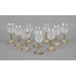 Ten liqueur glasses with silver stand mounting, German, 20th century, hallmarked silver, round domed