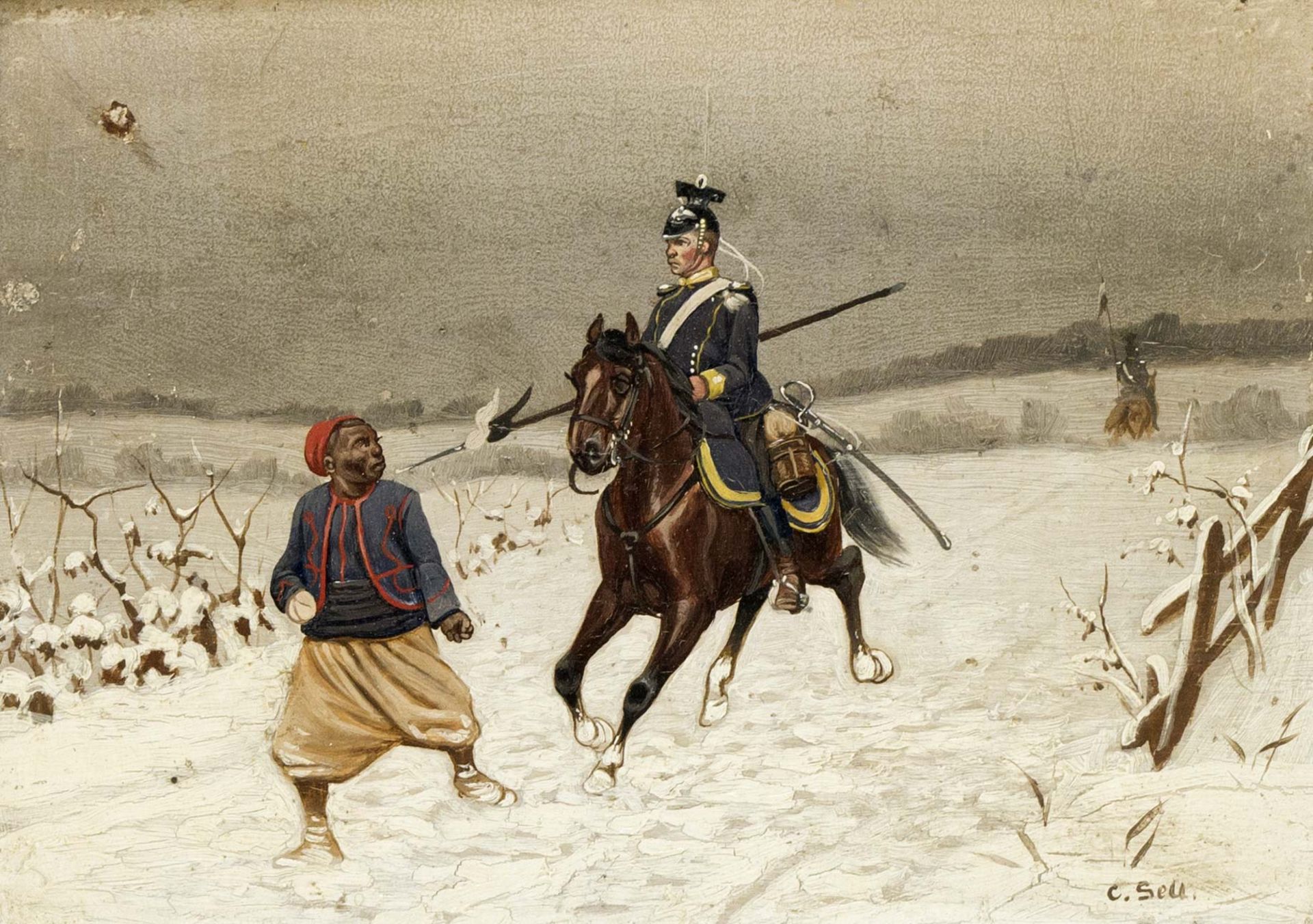 Christin Sell (1831- 1883), German military and battle painter, Prussian Uhlane confronts French