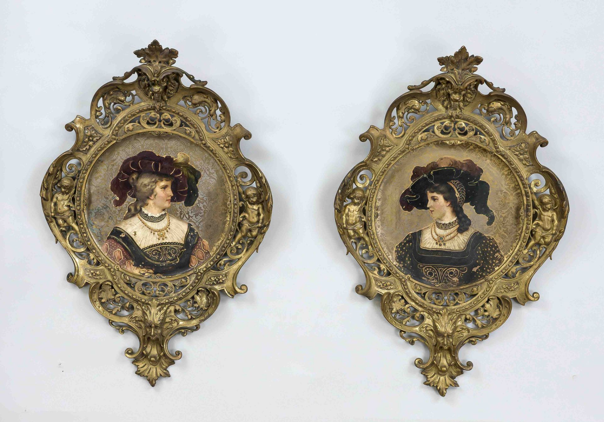 Pair of historicism wall appliqués in Renaissance style, late 19th century, portraits of ladies in