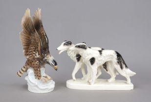 Eagle and greyhounds, Thuringia, 20th century, pair of borzoi, Sitzendorf, ceramic, slightly