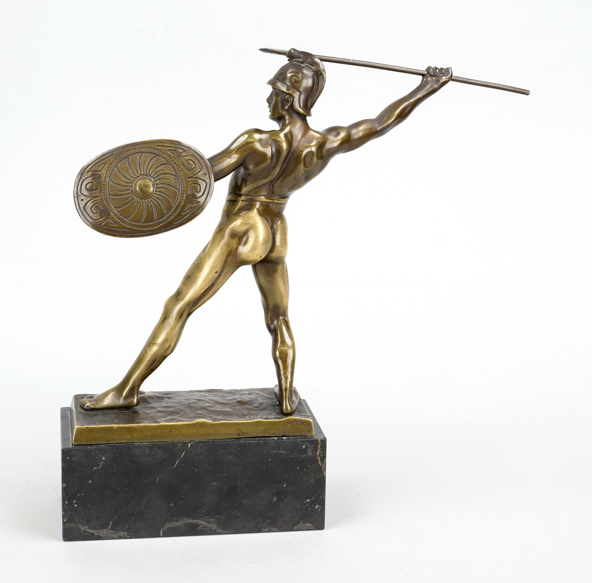 A. Zierhut-München, sculptor c. 1900, javelin thrower, patinated bronze on marble base, rubbed, - Image 2 of 2