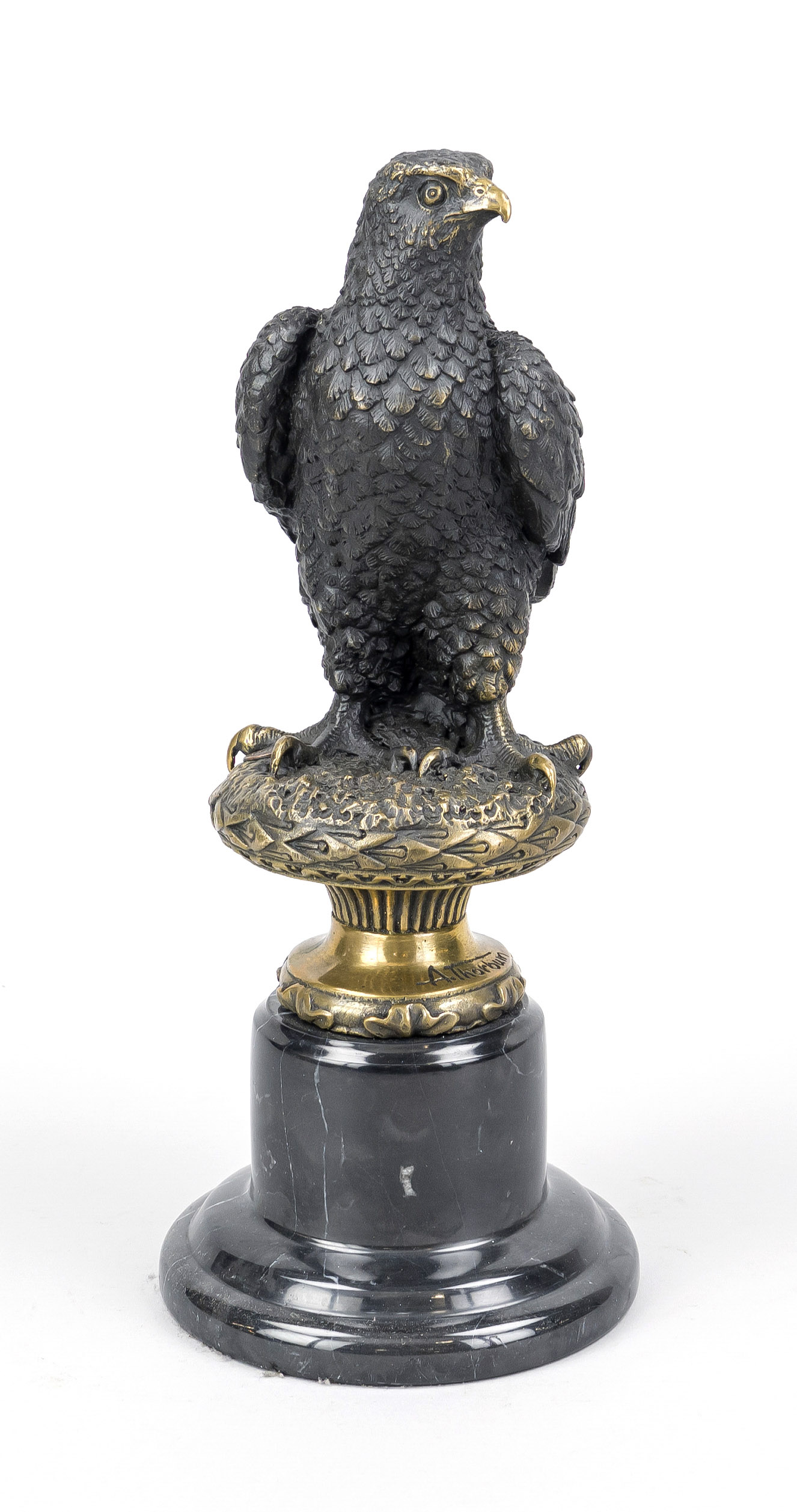 Archibald Thorburn (1860-1935), after, falcon, patinated bronze, late 20th century, on marble