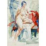 Rudolf Heinzmann (1912-1984), Austrian artist, posing female nude in a studio, watercolor on