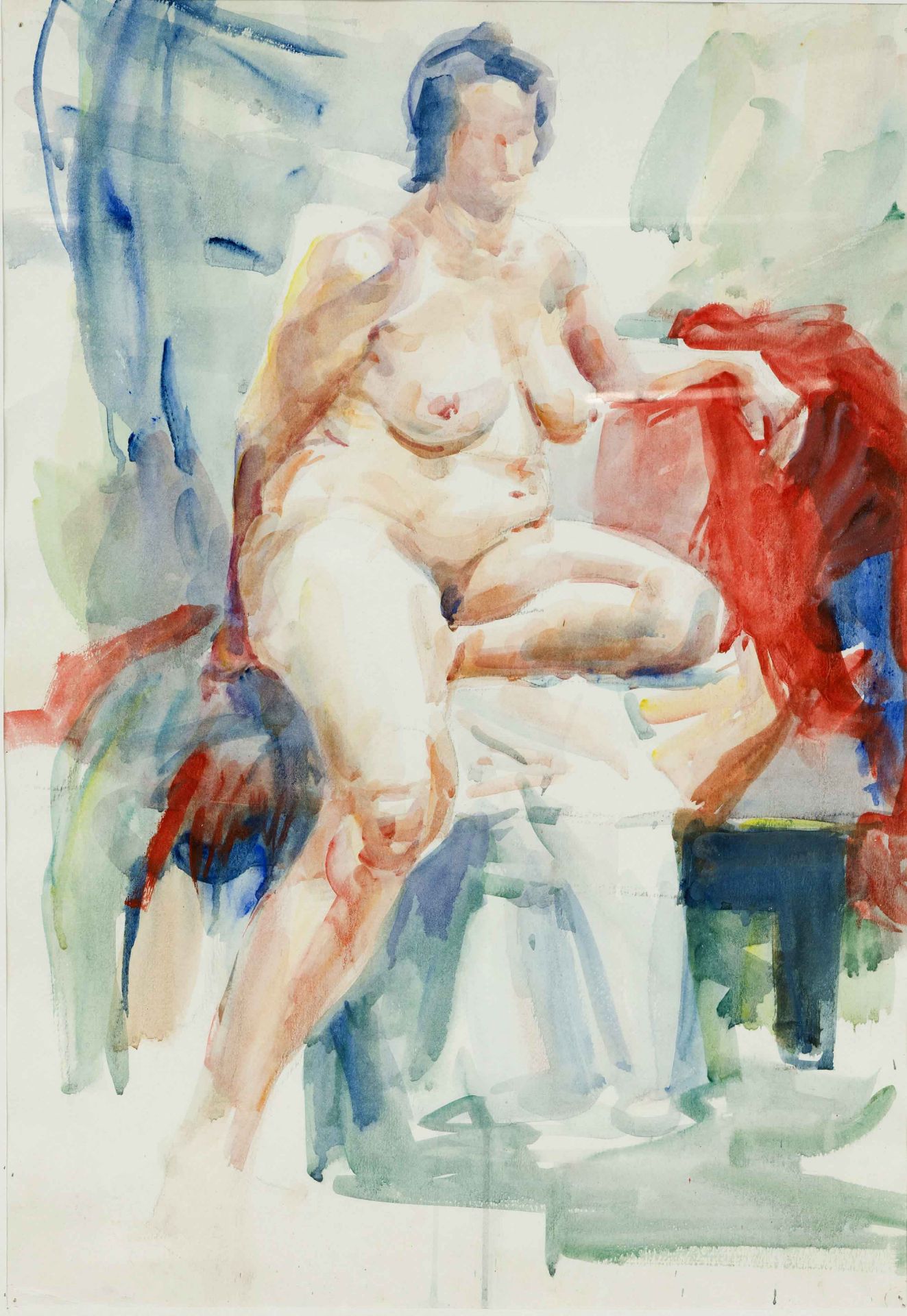 Rudolf Heinzmann (1912-1984), Austrian artist, posing female nude in a studio, watercolor on