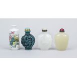 4 snuff bottles, China 20th century, various materials and shapes, 1 x without spoon, h. up to 7 cm