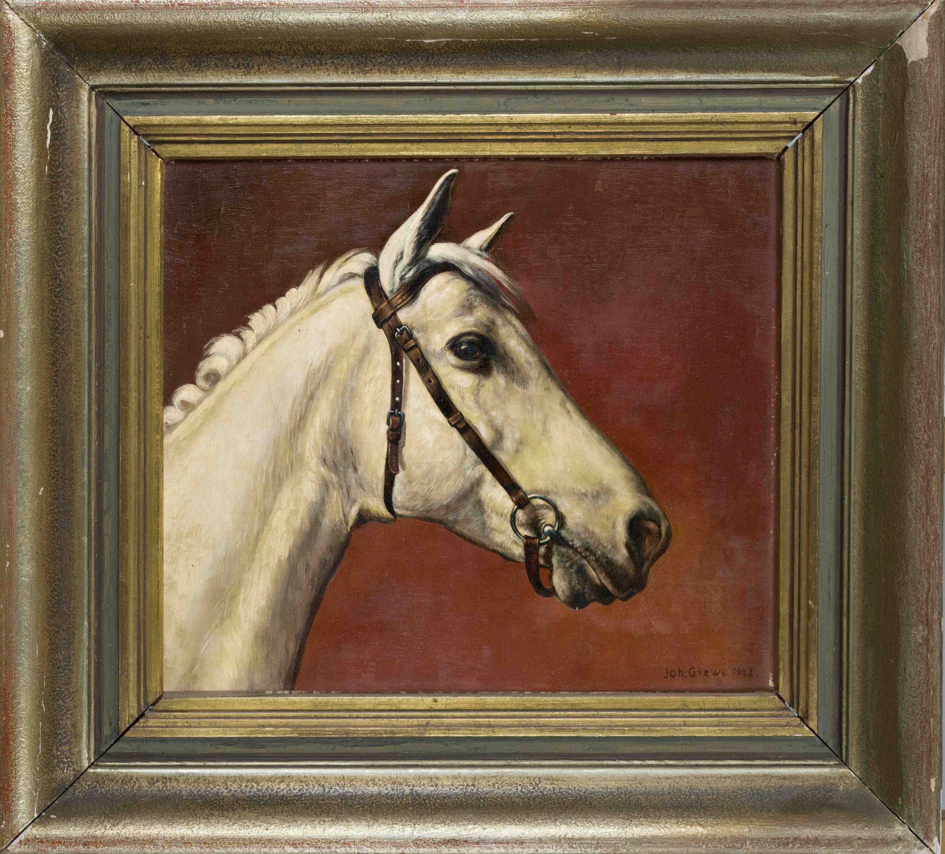 Joh. Grewe, German painter 1st half of the 20th century, portrait of a horse, oil on wood, signed