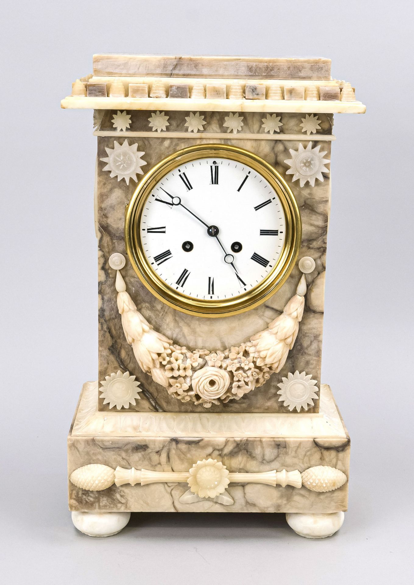 Alabaster table clock, 2nd half 19th century, with carved floral motifs, set on alabaster discs,