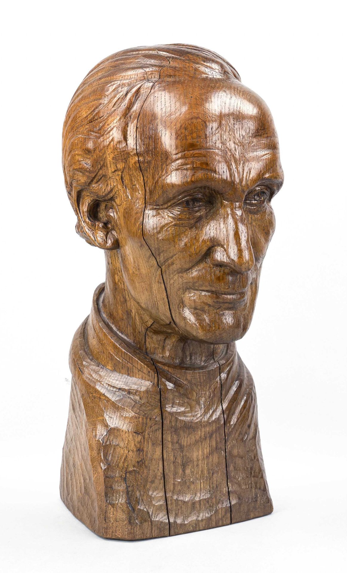 Jean Boedts (1904-1973), life-size bust of a man, light brown stained oak wood, signed and dated
