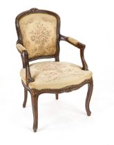 Small armchair in Baroque style, 20th century, walnut, floral embroidered cover, 84 x 55 x 52 cm -
