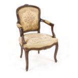 Small armchair in Baroque style, 20th century, walnut, floral embroidered cover, 84 x 55 x 52 cm -