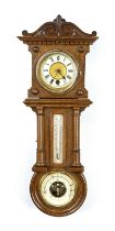 Whistling cross regulator with thermometer and barometer, carved oak, with columns and roofing, 2-
