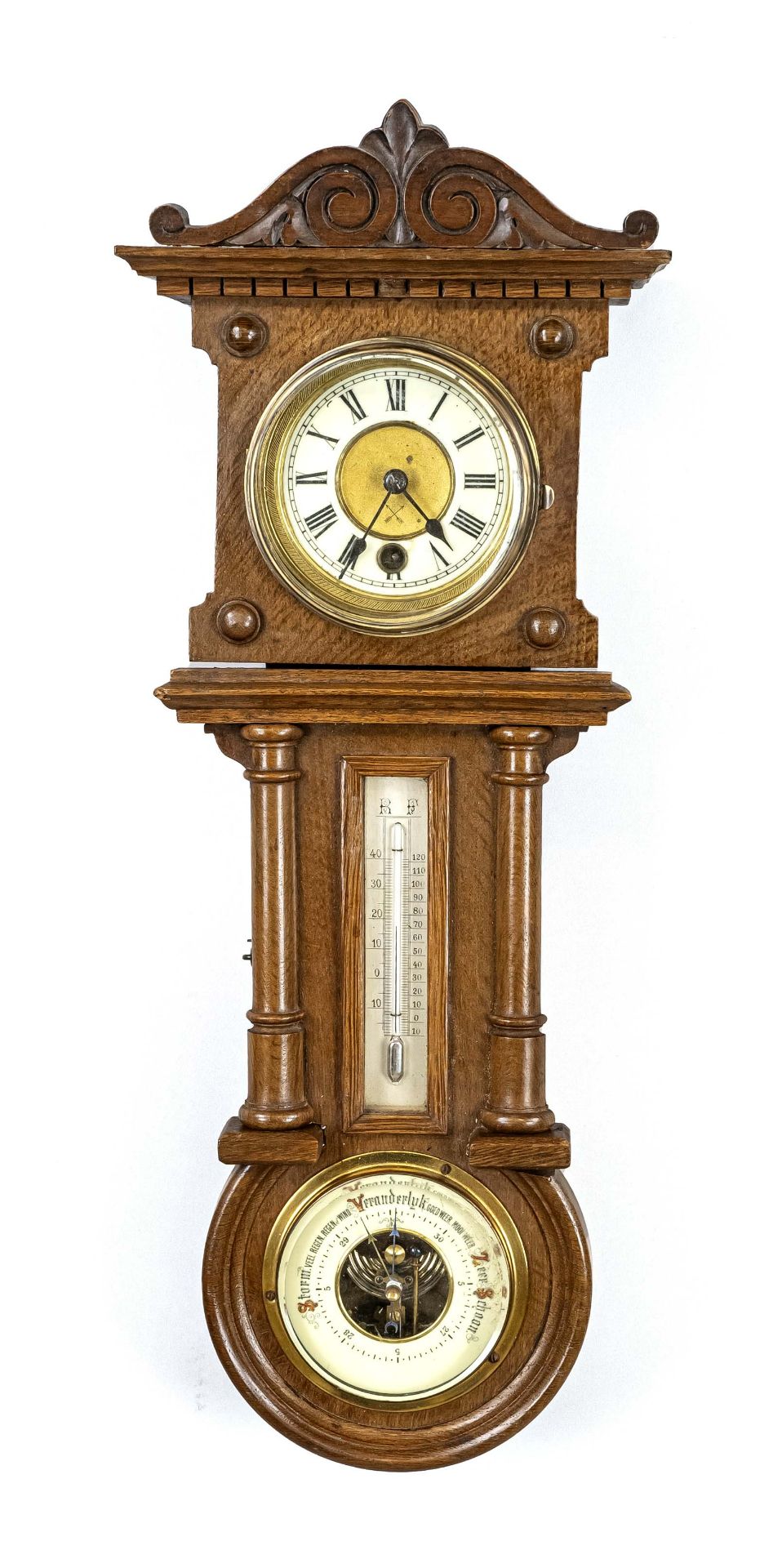 Whistling cross regulator with thermometer and barometer, carved oak, with columns and roofing, 2-